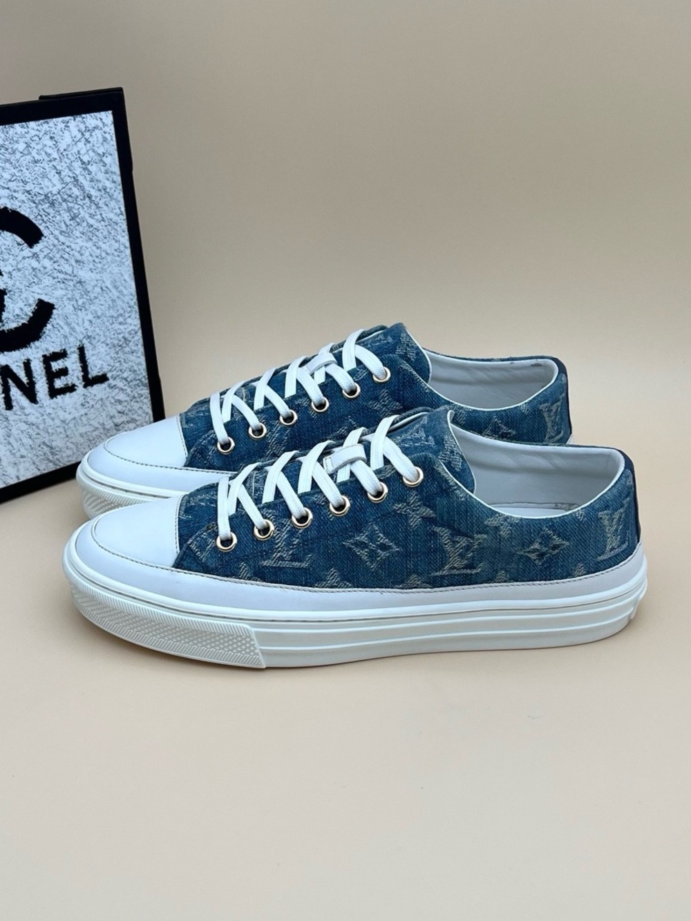 Louis Vuitton Denim Low-Top Sneakers in Blue and White
